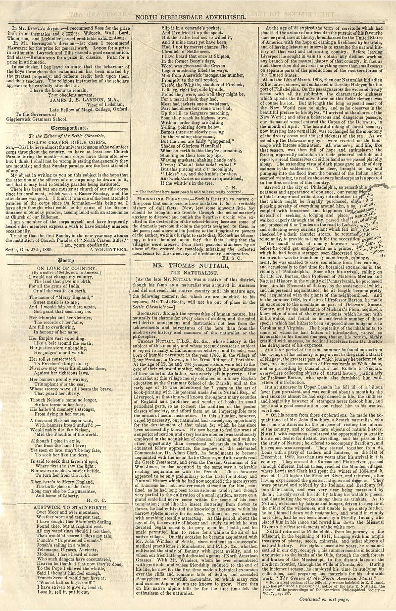 Settle Chronicle 1861 Jan 1 - P2.jpg - The Settle Chronical and North Ribblesdale Advertiser 1861 Jan 1 - Page 2  Article about Mr Thomas Nuttal  ( Continued on Page 4 ) 